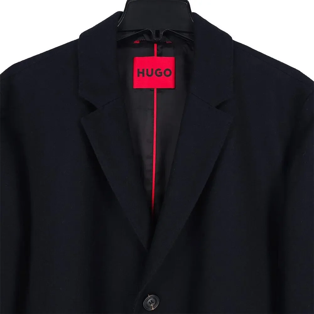Hugo Boss Mens Migor Slim Fit Overcoat 46R Dark Blue Solid Wool Blend NWT